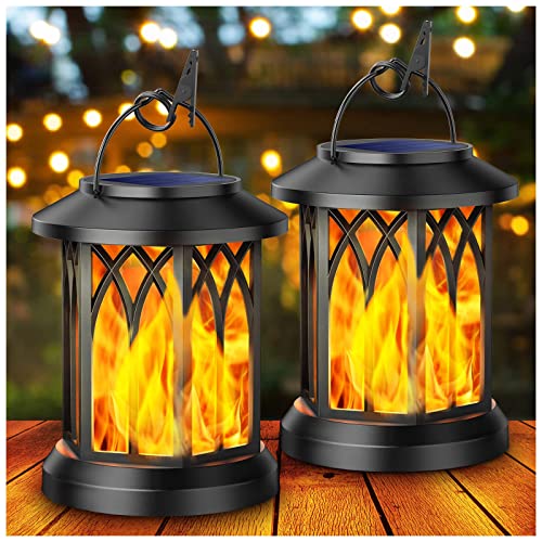 KOOPER Solar Lights Outdoor Garden, 2 Pack Hanging Solar Garden Lanterns with Realistic Flickering Flame LED, Waterproof Flame Effect Solar Garde