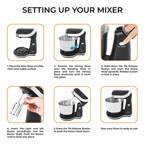 Quest 34450 Compact Stand Mixer / 6 Speed Settings / Stainless Steel Bowl / Dough Hook & Beater / 3 Litre Capacity / 250W / Metallic Black Colour