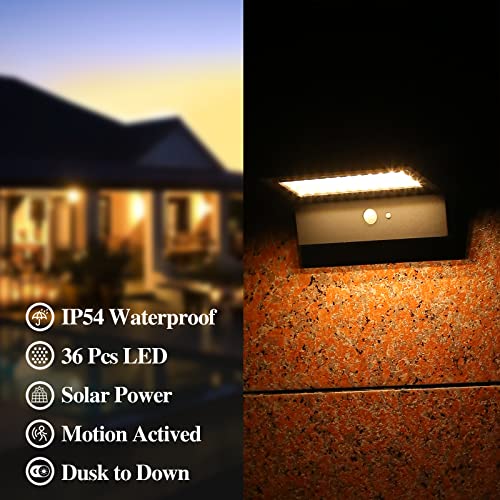 HLFVLITE Solar Wall Light Outdoor with Motion Sensor - 36 Bright LEDs, 3 Lighting Modes, IP54 Waterproof, Automatic Aluminum Security Lamp for Ga