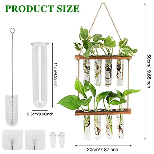 Plant Propagation Station, Qupzze Wall Hanging 2 Tiered Test Tubes Propagation Station with Wooden Stand, Propagation Planters Glass Tube for Hyd