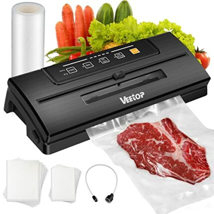 Veetop Vacuum Sealer, Automatic 80kPa Food Sealer Machine with Dry Moist Modes Built in Cutter for Food Preservation Sous Vide Cooking,1 Vacuum R