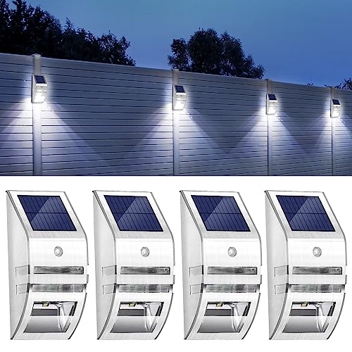 NEWNEN Solar Fence Lights, 4 Pack Solar Lights Outdoor, Upgraded Solar Security Lights with PIR Motion Sensor, IP65 Powered Waterproof Outside So