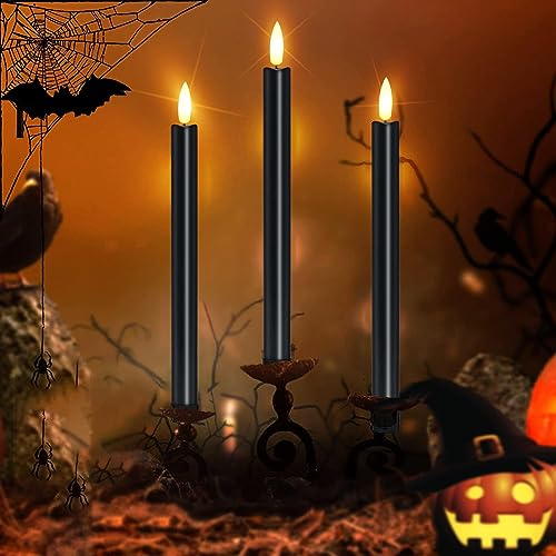 Flameless Black Taper Candles with 6H Timer,Flickering Battery Operated Window Candles,10 Inch Long 3D Flame Plastic Candles for candlesticks, Le