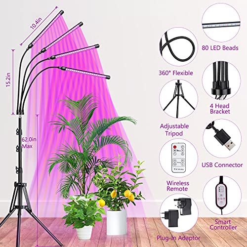 EWEIMA Grow Lights for Indoor Plants, 80 LEDs 4 Heads Full Spectrum Led Grow Light with Stand, Plant Light with 10 Dimming Level & Auto 4/8/12H T