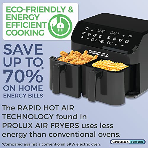 ProLux Concepts 9L Family Size Digital Air Fryer: Dual Basket with Rapid Air Circulation | Healthier Cooking with Less Fat | 2000W Twin Basket Sy