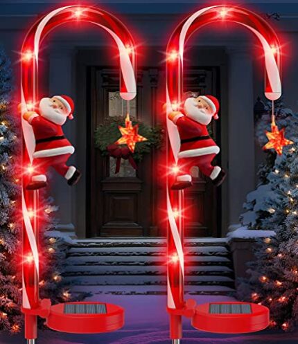 ATOKIT 2Pcs Solar Candy Cane Lights, Solar Lights Outdoor Garden IP65 Waterproof, Solar Power Candy Cane Lights with Santa Stars Yard Decoration