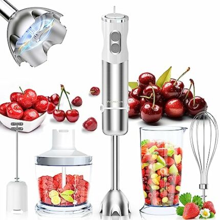 Hand Blender, 5-in-1 Stainless Steel Electric Stick Blender 1000W, 12 Speeds Adjustable, Baby Food Blender with Egg Whisk, Frother, 500ml Chopper