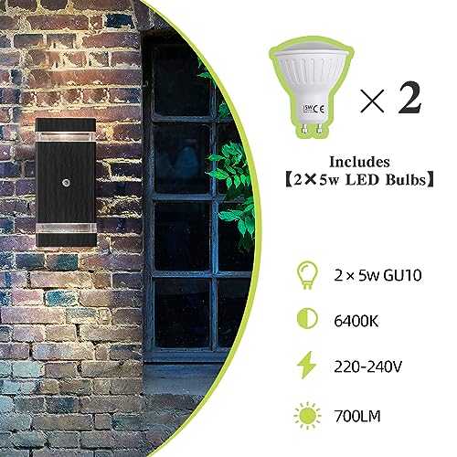 HLFVLITE Dusk to Dawn Outdoor Wall Light, Aluminum Outside Light Fixture with 5w LED Bulbs, Waterproof Exterior Wall Lamp Up & Down Outdoor Light