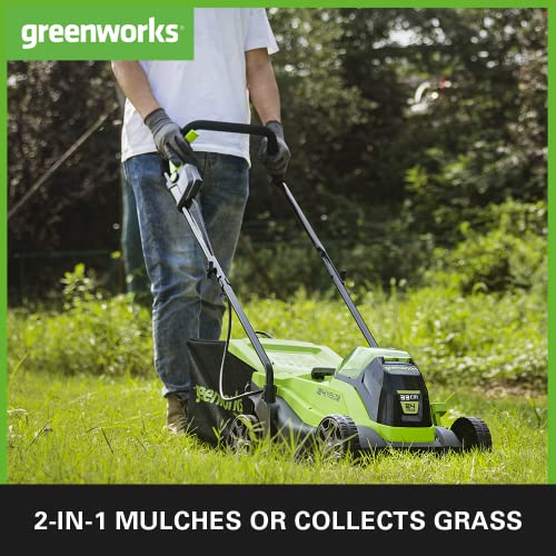 Greenworks Electric Lawn Mower 24V 33cm 30L Grass Catcher Box GD24LM33 and Cordless Grass Trimmer 25cm G24LT25 Auto Feed Head incl. 1 Battery 4Ah