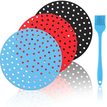 3 Pack Air Fryer Liners, 8 Inch Round Non-Stick Air Fryer Silicone Liners Reusable Silicone Mats Perforated Mats with Silicone Brush for Kitchen