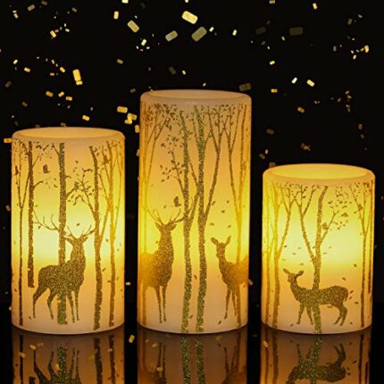 Eldnacele Flameless Candles Flickering with 6H Timer, 3 Pack Gold Reindeer Elk Decal Real Wax Candles Lights LED Flames for Christmas Home Decora