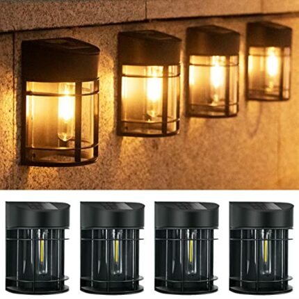 btfarm 【4 Pack】 Solar Fence Lights Outdoor Garden, Waterproof Retro LED Wall Lights for Patio Decking Gate Yard Decoration (Warm White)