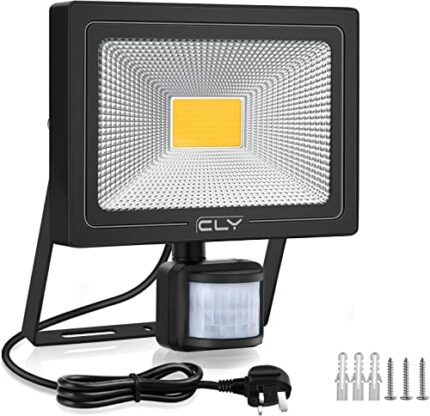 CLV 35W Plug in Security Lights Outdoor Motion Sensor, 3000 Lumen Motion Sensor Flood Light with UK Plug, 2700K Warm White IP66 Waterproof PIR Li