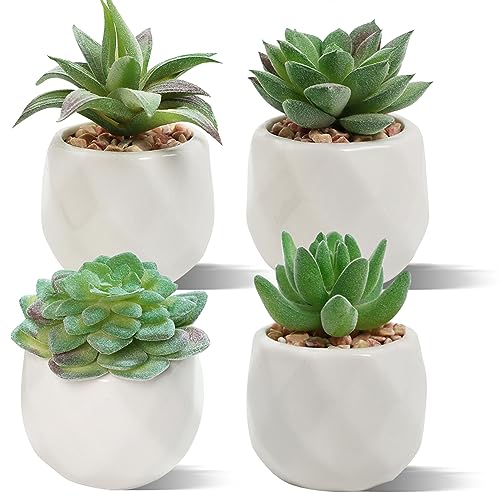 Duscdesp Set of 4 Mini Faux Succulents Plant with Pots,Small Succulent Fake Plants in Ceramic Pots, Artificial Plastic Plants Indoor for Office K