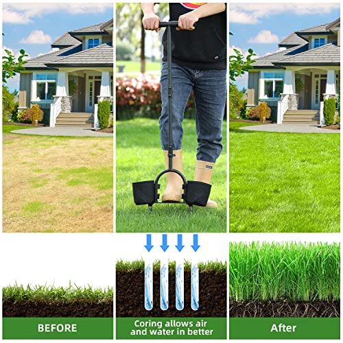 Ohuhu Lawn Aerator Tool, Lawn Aerator Hollow Tine Aerator Manual Aeration Tool with Storage Bags and Cleaning Tool, Heavy Duty Grass Aerators Loo