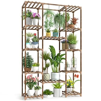 cfmour Wood Plant Stand Indoor Outdoor, 62.2" Tall Flower Shelf Tiered Plant Stands for Multiple Plants Large Planter Holder Hanging Shelves Rack