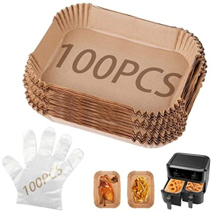 Auniq Air Fryer Liners for Ninja Dual, 100Pcs Air Fryer Disposable Paper Liners with 100Pcs Disposable Gloves, Air Fryer Accessories Paper Liner