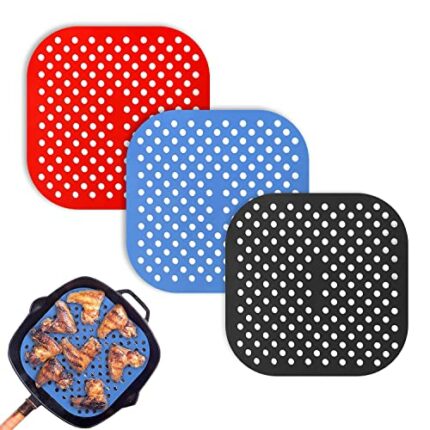 3 Pieces Reusable Air Fryer Steamer Pot Mat, 7.5" Square Nonstick Perforated Silicone Pot Mat, Air Fryer Accessories Replacement, BPA Free, (Blac