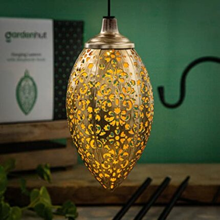 Garden Hut Solar Lantern Outdoor with Shepherds Hook, Metal Hanging Garden Lantern, Garden Ornaments Outdoor, Perfect Solar Garden Ornaments, Out