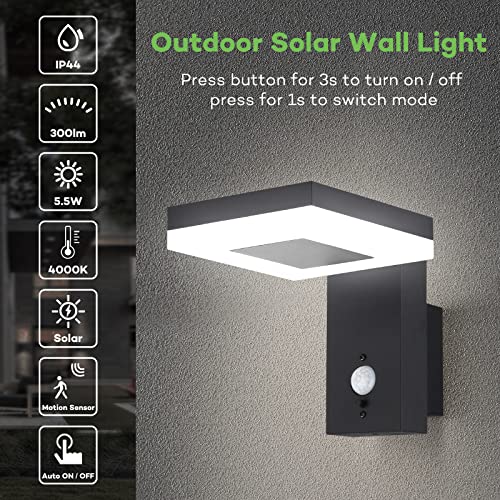 TJCoLUX Outdoor Solar Wall Light with Motion Sensor, IP44 Waterproof Exterior Aluminum Light Fixture Wall Mount Sconce for Garden, Yard, Porch, P