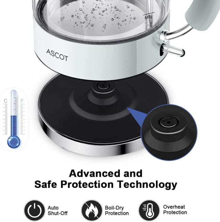 ASCOT Electric Kettle, Glass Electric Tea Kettle, Gift for Man/Women/Family, 1.6L Glass Tea Heater & Hot Water Boiler, BPA-Free, Auto Shut-Off an