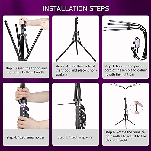 EWEIMA Grow Lights for Indoor Plants, 80 LEDs 4 Heads Full Spectrum Led Grow Light with Stand, Plant Light with 10 Dimming Level & Auto 4/8/12H T