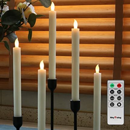 Rhytsing Set of 5 Ivory Battery Operated Taper Candles with Remote, LED Dinner Candle, Distressed Wax Finished, Push Button, Warm White Light, Ba