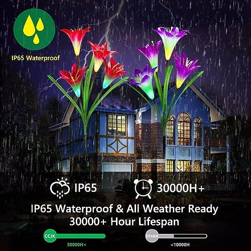 Amzxart Solar Lights Outdoor Garden, 4 Pack Garden Lights with 16 Bigger Lily Flowers, Multi-Color Changing LED Outdoor Solar Lights Waterproof f