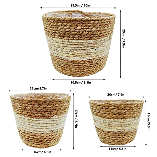 WAIZHIUA 3Pcs Woven Planter Basket with Liner, 3 Sizes Natural Seagrass Woven Plant Pots Flower Pots Baskets Plant Containers Storage Basket for