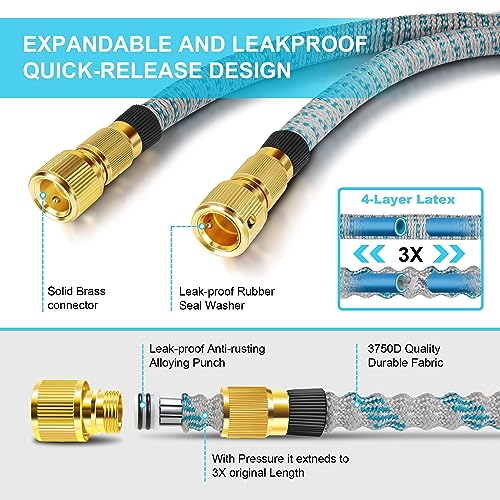 Garden Hose, Durable Expandable Garden Pipe with 10 Spray Pattern Nozzle & Solid Brass Connectors, Strength Fabric 3750D, Heavy Duty Garden Hose