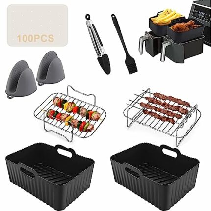 Air Fryer Accessories for Ninja Dual AF300UK AF400UK, Set of 8 Dual Air Fryer Accessories Including Silicone Air Fryer Liner & Racks & Paper Lini
