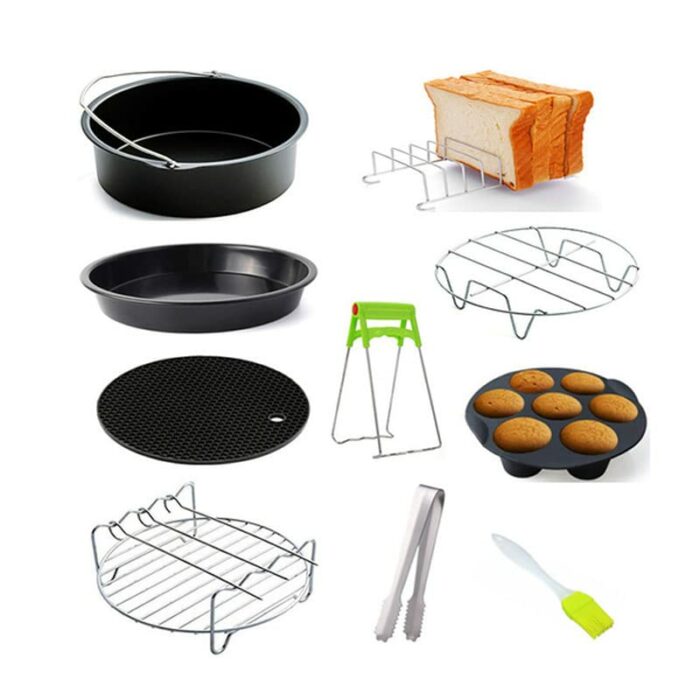 8 inch Air Fryer Accessories Set 10 pcs, Fit All 3.7QT - 5.8QT Power Deep Hot Air Fryer with 8 Inch Cake Barrel, Pizza Pan, Single Layer Steaming