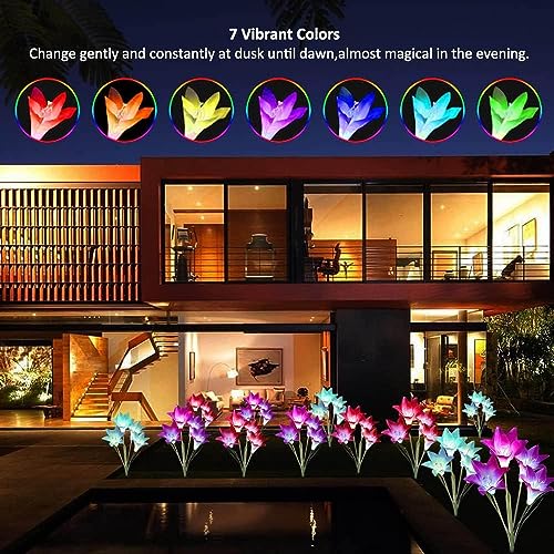 Amzxart Solar Lights Outdoor Garden, 4 Pack Garden Lights with 16 Bigger Lily Flowers, Multi-Color Changing LED Outdoor Solar Lights Waterproof f