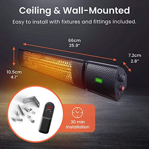 Pro Breeze Halogen Infrared Patio Heater - Wall Mounted Electric Heater With Remote Control for Garden/Outdoor - 2 Heat Settings (1KW &/2KW) - Fi