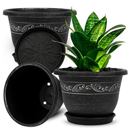 QCQHDU Plant Pots, 3 Packs 20 cm Planters with Drainage Hole Saucer, Plastic Flower Pots for Indoor Plants Retro Decorative for Outdoor Garden Co
