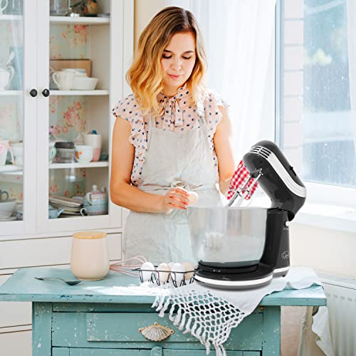 Quest 34450 Compact Stand Mixer / 6 Speed Settings / Stainless Steel Bowl / Dough Hook & Beater / 3 Litre Capacity / 250W / Metallic Black Colour