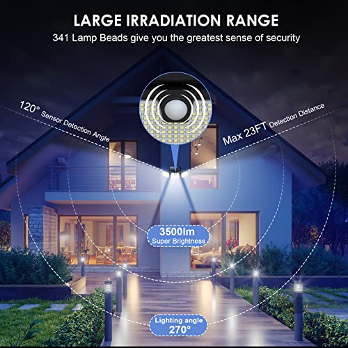 Feob Solar Lights Outdoor, 341 LED 3500LM Super Bright Solar Security Lights, PIR Motion Sensor Lights, 3 Heads Solar Flood Lights, 270° Wide Ang