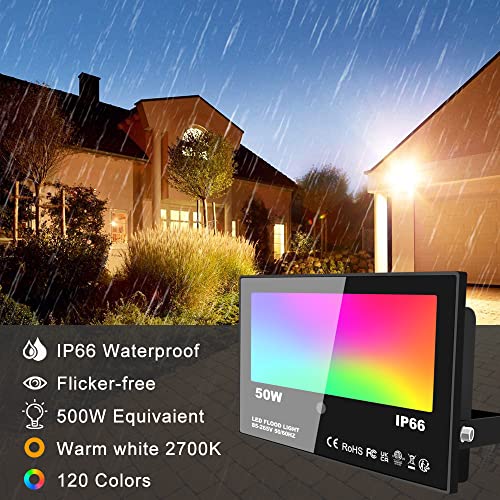LED Floodlight Outdoor 50W 5000LM, Colour Changing Flood Lights, RGB 120 Colours and Warm White, Timing Remote Control,IP66 Waterproof UK3-Plug (