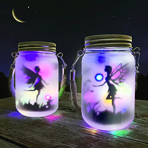 Mostof 2 Pack Fairy Solar Lantern Outdoor, Garden Ornaments IP44 Waterproof Hanging Frosted Glass Solar Mason Jar Lights for Table, Yard, Garden,