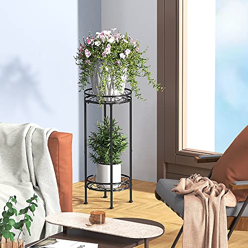 Mutool 2 Tier Tall Plant Stand, Metal Plant Stands Indoor 70x30cm, Flower Stand Flower Pot Display Stand for Garden Patio, Black