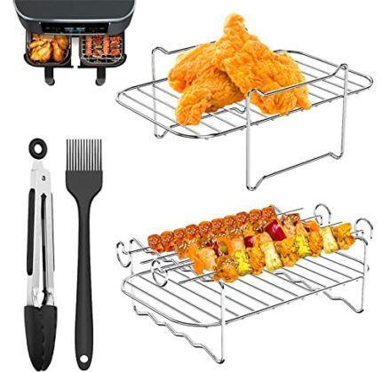 Air Fryer Rack 2 Pcs, Loofu Air Fryer Accessories for Ninja Dual Air Fryer, Multi-Purpose 304 Stainless Steel Double Layer Dehydrator Skewer Rack