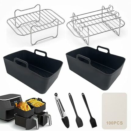 WOLAFOO 8pcs Air Fryer Accessories Silicone Air Fryer Liner for Ninja Dual AF300UK AF400Reusable Air Fryer Baskets & Air Fryer Rack & Paper Linin