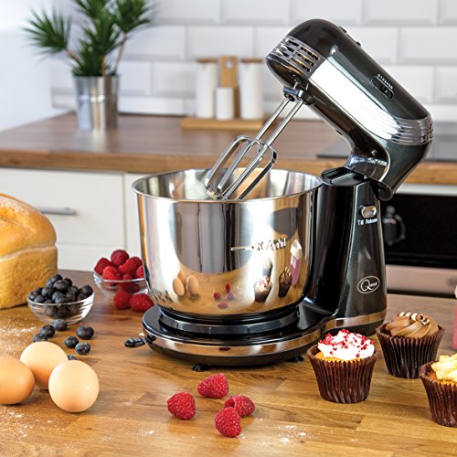 Quest 34450 Compact Stand Mixer / 6 Speed Settings / Stainless Steel Bowl / Dough Hook & Beater / 3 Litre Capacity / 250W / Metallic Black Colour