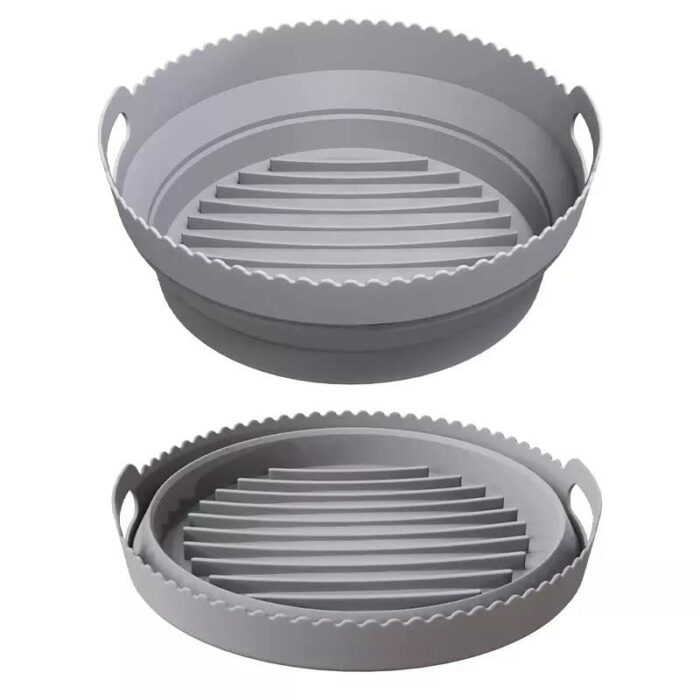 Silicon Air fryer liner, gray round baking tray with spacer and gloves, reusable air fryer liners, Air fryers accessories.