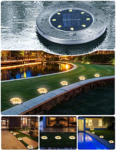 Solar Outdoor Garden Ground Lights, 8 LED Waterproof Patio Disk Lights, In-Ground Landscape Lighting, Floor Path Lights for Walkway, Lawn, Steps