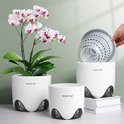 Meshpot 15 cm Orchid Pots with Holes,Set of 1,Double Layer Plastic Imitate Ceramic Orchid Planter Provide Good Air Circulation,Clear Orchid Pot M