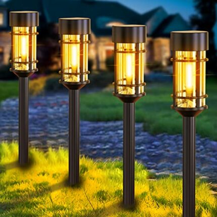 nipify LED Solar Lights Outdoor Garden Stake, 4 Packs Auto On/Off Solar Stake Lights Garden Lights Waterproof, Warm White Solar Path Lights for P