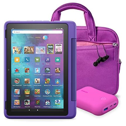 Fire HD 10 Kids Pro tablet, Doodle Kid-Friendly Case + NuPro Zipper Sleeve, Purple + Kids Portable Charger, Pink
