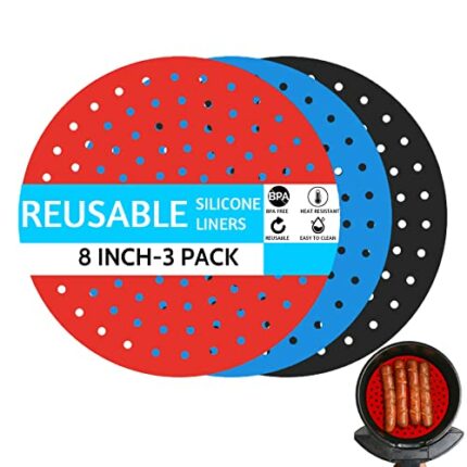 ADQOO Air Fryer Liners, 3 Pack 8 Inch Round Non-Stick Reusable Silicone Mats, 100 Percent Food-Grade, Easy Clean Kitchen Mat Accessories For NINJ