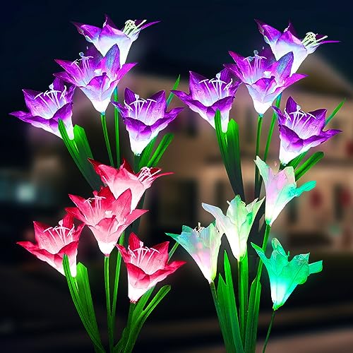 Amzxart Solar Lights Outdoor Garden, 4 Pack Garden Lights with 16 Bigger Lily Flowers, Multi-Color Changing LED Outdoor Solar Lights Waterproof f
